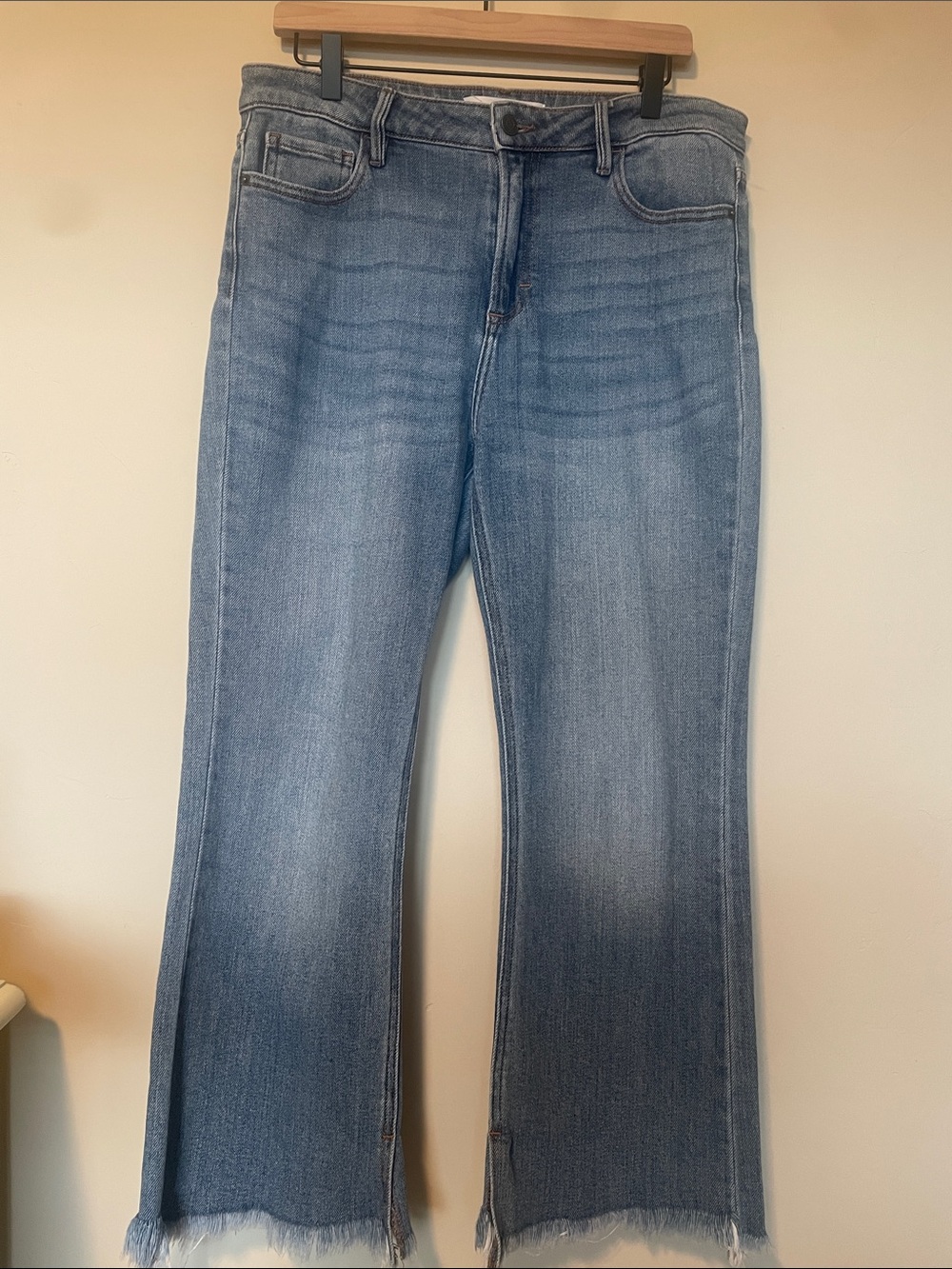 High-Rise Light Wash Flare Jeans with Frayed Hem